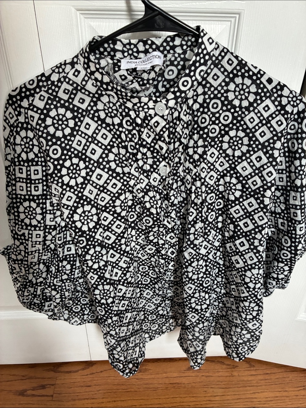 Emerson Fry Black and White Geometric Print Blouse. Handblock print